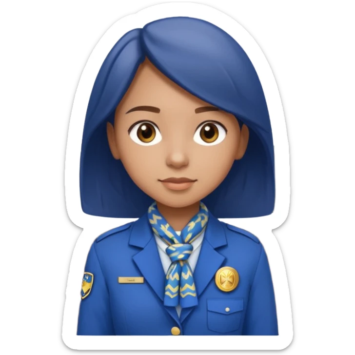 Young girl, straight hair, wearing uniform jacket with hotel name badge, tasteful scarf, stand behind the desk

 sticker