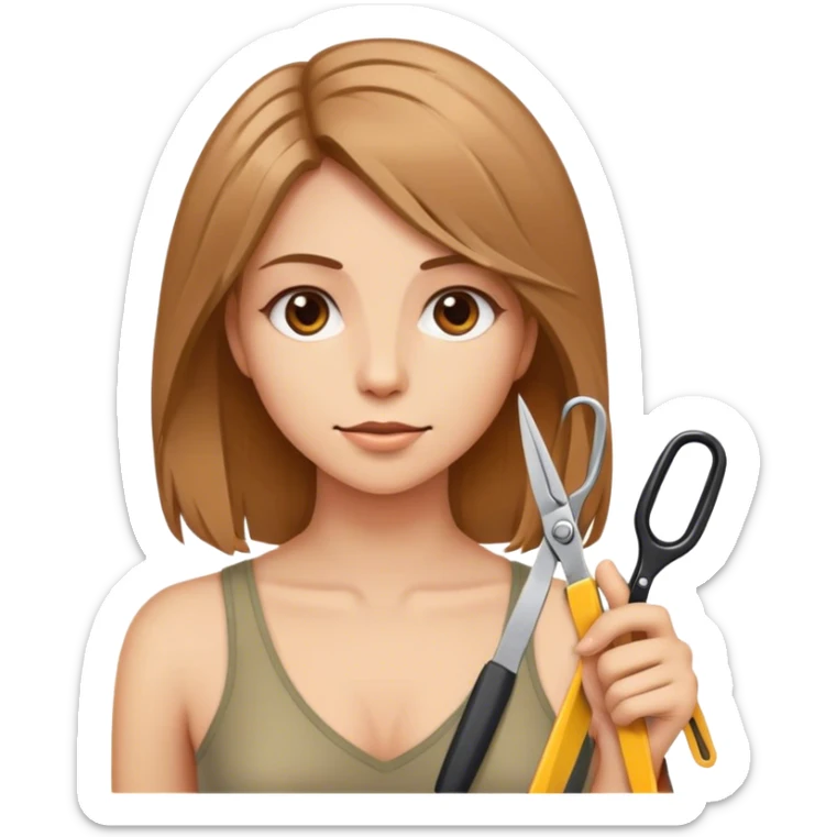 Mujer con cabello a la altura de hombros, cabello color chocolate claro, con tijeras y cinta de medir  sticker