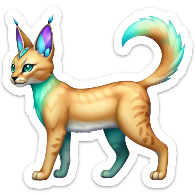 An iridescent transparent luminescent colorful fantasy-lynx-caracal-serval-fakemon-creature-hybrid sticker