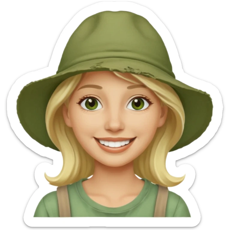 messy green clay mask and tourist hat blond woman  smiling and clay mask on face sticker