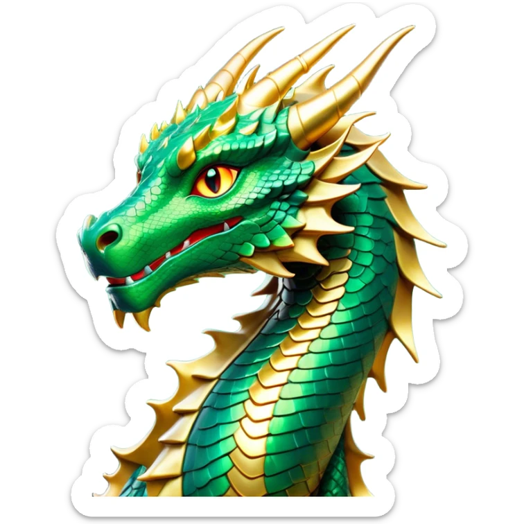 Cinematic Noble Dragon Portrait Emoji, Poised and majestic, with a sinuous, elongated build and shimmering, scale-covered skin in hues of emerald and gold, piercing, fiery eyes, Simplified yet sharp and sophisticated features, highly detailed, glowing with a mystical, radiant glow, high shine, intelligent and formidable, stylized with an air of ancient power, focused and attentive, soft glowing outline, capturing the essence of a watchful and legendary dragon that feels as though it could soar out of the screen with effortless authority! sticker