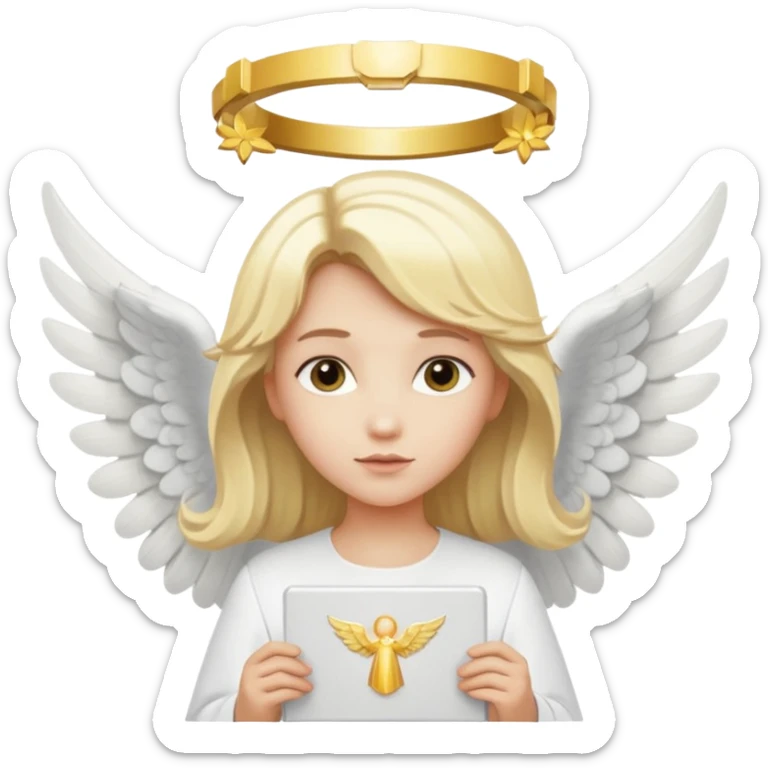 "An angel emoji with blonde hair, a halo, wings, holding a 'COMPARTILHAR' sign in bold letters." sticker