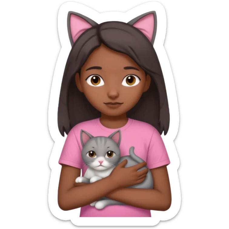 An Indian teenager girl with a pink t-shirt holding her gray cat with folded ears sticker