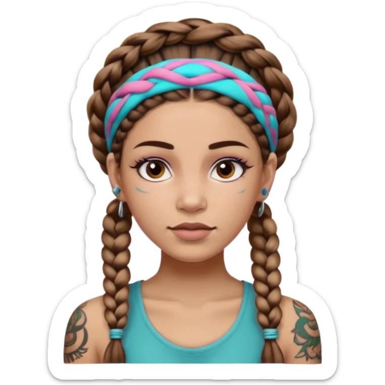 big lose braids starting from the top of the head woman face wiith big visible braids and mono color headband on head  face and braids as big as headband and lots and lots of face tattoos colored tattoos like a tattoo artist hair different color sticker