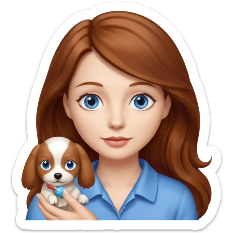 long hair chestnut color blue eyes woman holding small cream dog sticker