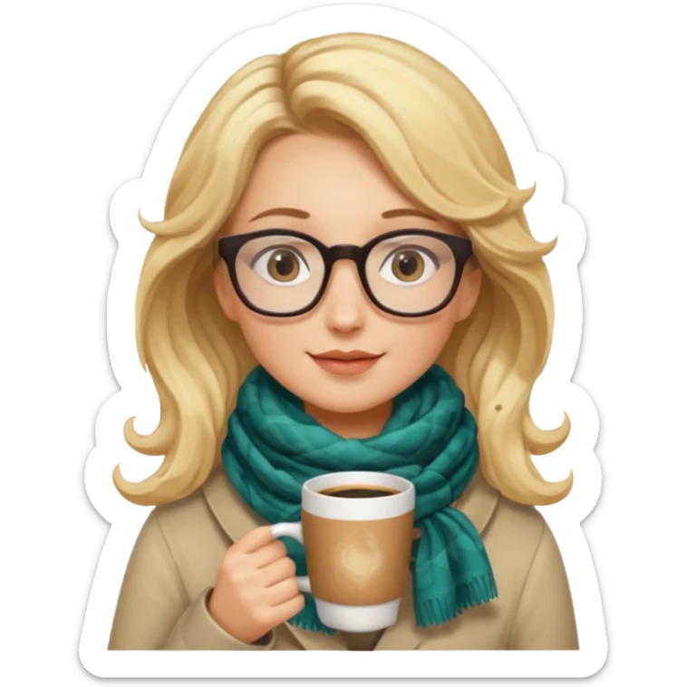 a girl drink with blonde wavy hair, wearing glasses, having scarf, drink coffee sticker
