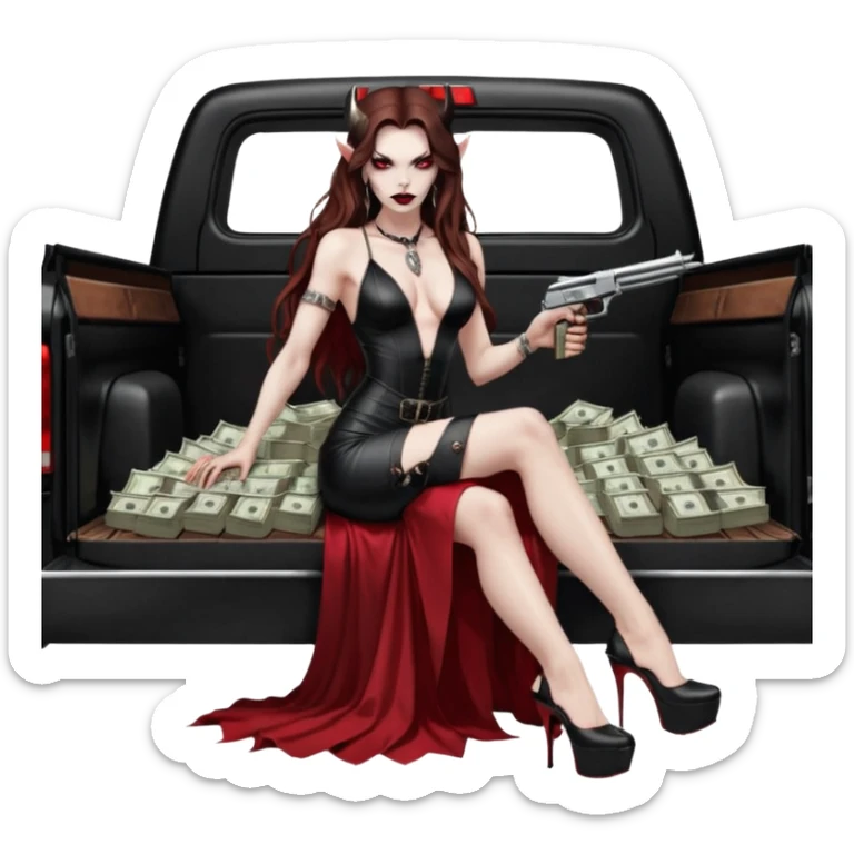 Lilith red eye seductress evil long brown haired sexy succubus woman with leather long dress with slit on, sitting in Big Large F350 pickup truck. Wearing super tall black platform high heels, Back seat full of stacks of cash, she is  Holding a human skull of her enemies and a gun in other hand sticker