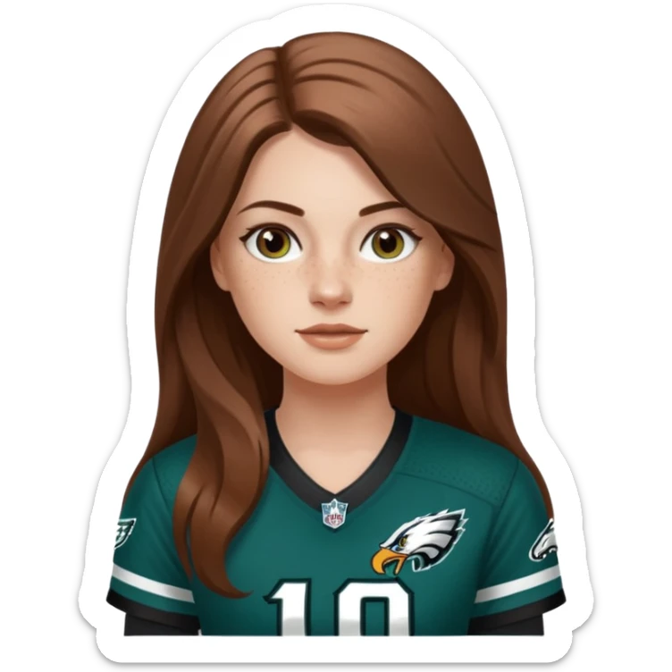 White girl with long milk chocolate brown hair parted down the middle and freckles wearring a Philadelphia eagles jersey sticker