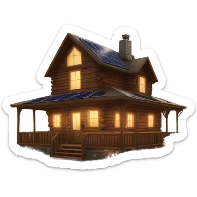 Skywalker Cabin is a very Very big Wood Cabin near tree on the mountain in the background. The cabin is 5 stories tall with extensive solar arrays on top. The cabin sits on thick grass fields. porch lights on ,guests on porch smoking ,flowers and bushes  sticker