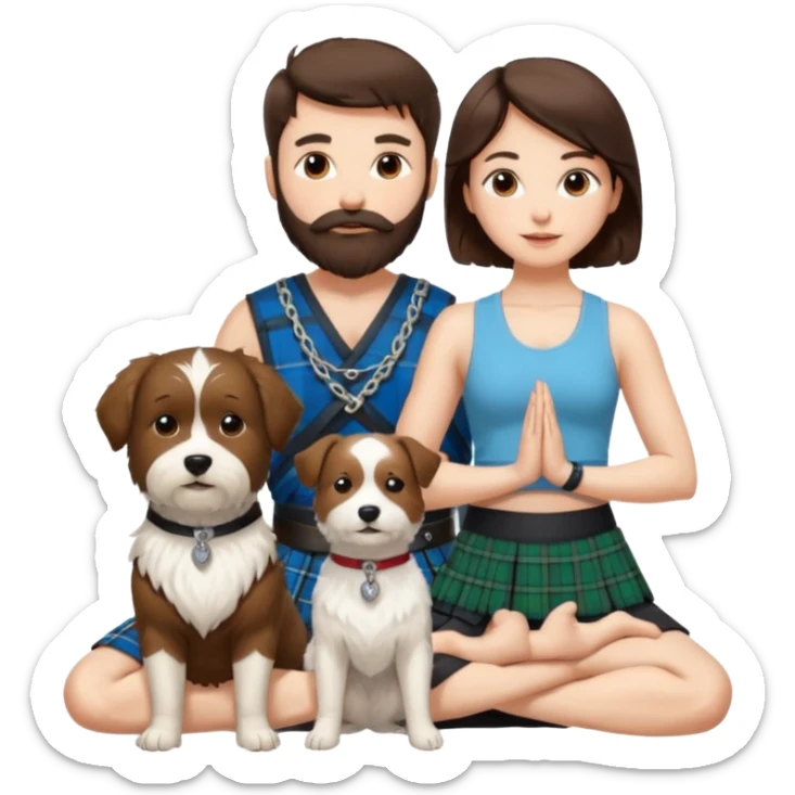 emoji of brunette man with beard wearing kilt, brunette woman in yoga outfit and one white fluffy dog sticker
