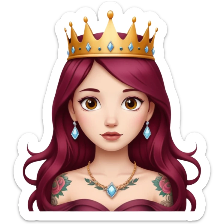 Beautiful tattooed long burgundy haired girl wearing a princess crown sticker
