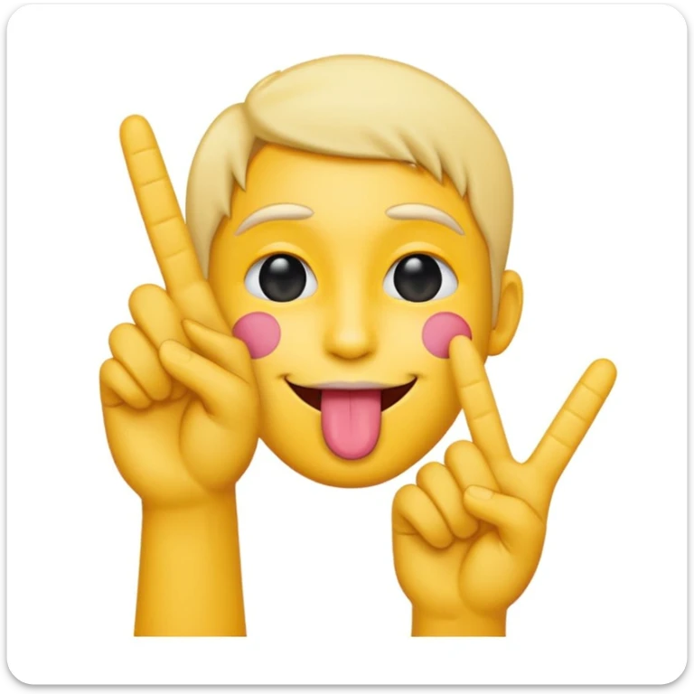 A yellow emoji face with its tongue sticking out
	•	A peace sign hand centered under the tongue
	•	The back of the hand showing (i.e. not the palm) sticker