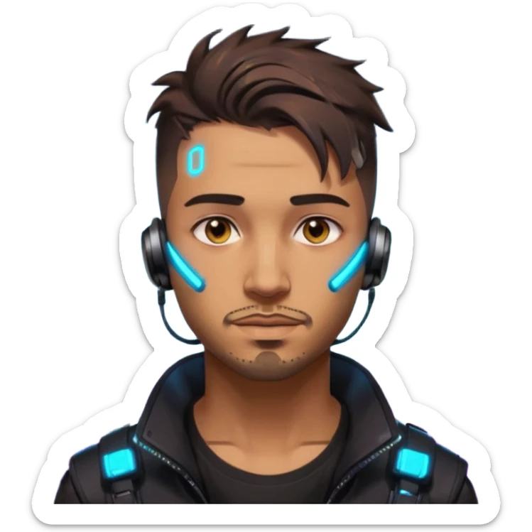 Cyberpunk street adult, hispanic, male, messy undercut, glowing earpiece, light stubble, brown eyes, neon reflections, headshot sticker