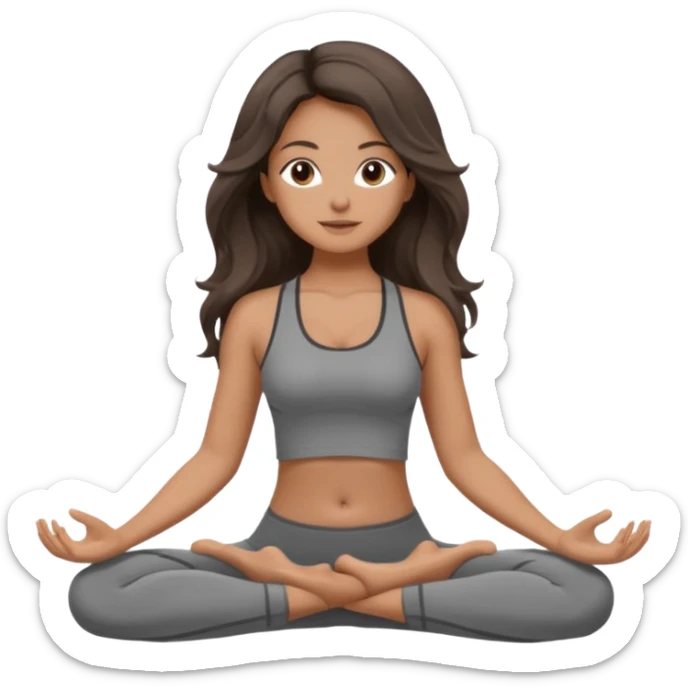 a brunette girl doing yoga, she is wearing a grey fit and she has dark long, wavy and loose hair.  sticker