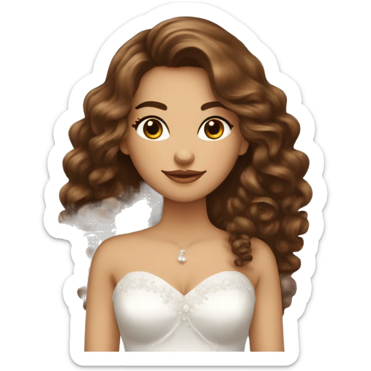 femme en tenue de mariée avec long cheveux bouclé bruns et yeux marrons sticker