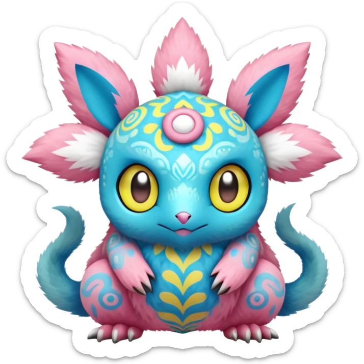 Cyan and yellow and blue and pink Pokémon-Fakémon-creature sticker