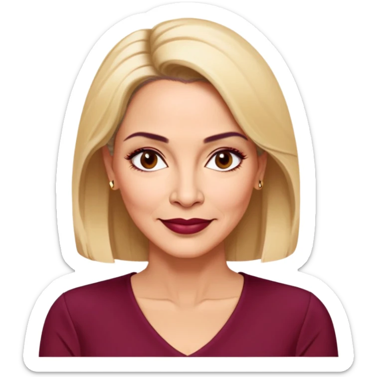 Puerto Rican actress Linette Torres in her 50s with warm light skin, mature elegant features, some fine lines, expressive eyes, well-defined eyebrows, straight nose, friendly smile, shoulder-length blonde hair, wearing a fashionable burgundy top sticker