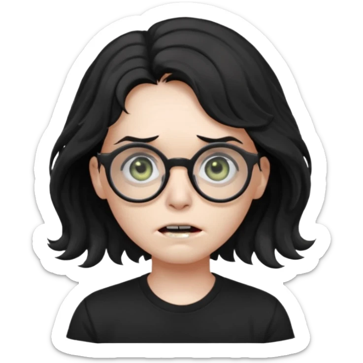 zumbie cabelo ondulado médio preto, camiseta preta, oculos redondo masculino sticker