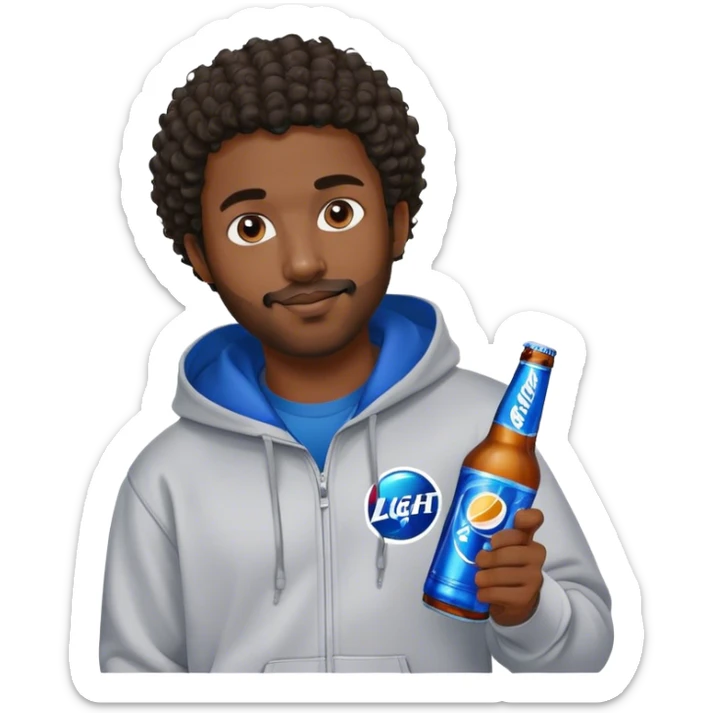 dark black guy short curly hair facial hair holding bud light wearing a hoodie sticker
