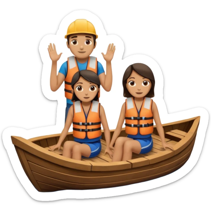 a wood boat upside down, with 2 people sitting on top trying to stay afloat. sticker