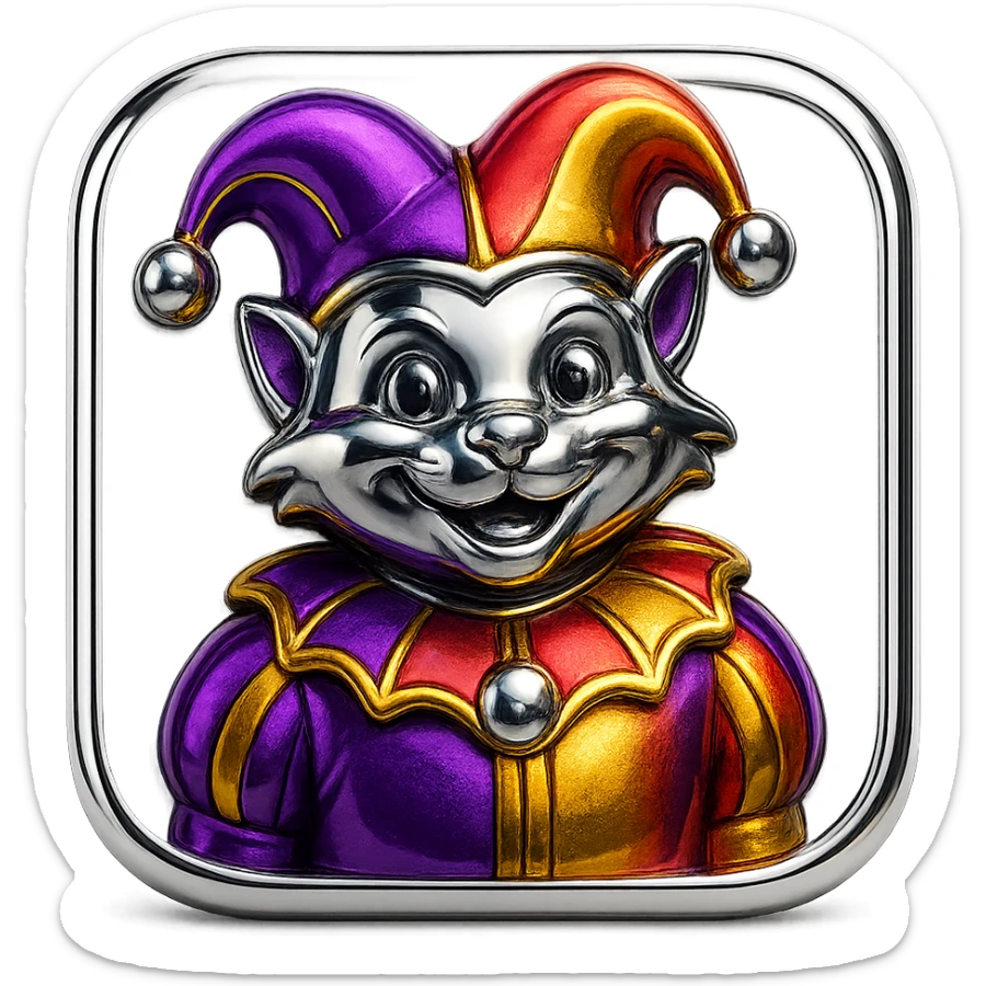 crazy colorful cute little cat jolly joker from poker, medieval, vintage, court jester, mac os icon, purple, gold and red color, half body. Squared shape as 3D mac os icon sticker
