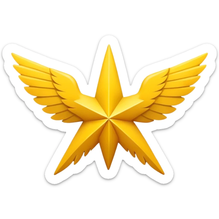 Create an emoji that meets all of the following criteria

1. An eight-pointed star
2. The wings should be wide
3. The color should be the yellow of a regular star
4. The star itself, in the middle, should have a simple mountain silhouette sticker