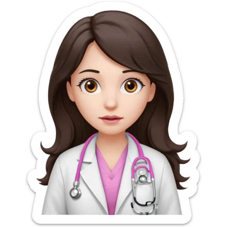 Barbie like emoji of a woman with white skin long wavy dark brown hair, brown eyes wearing a white lab coat and pink stethoscope and with a scared look sticker