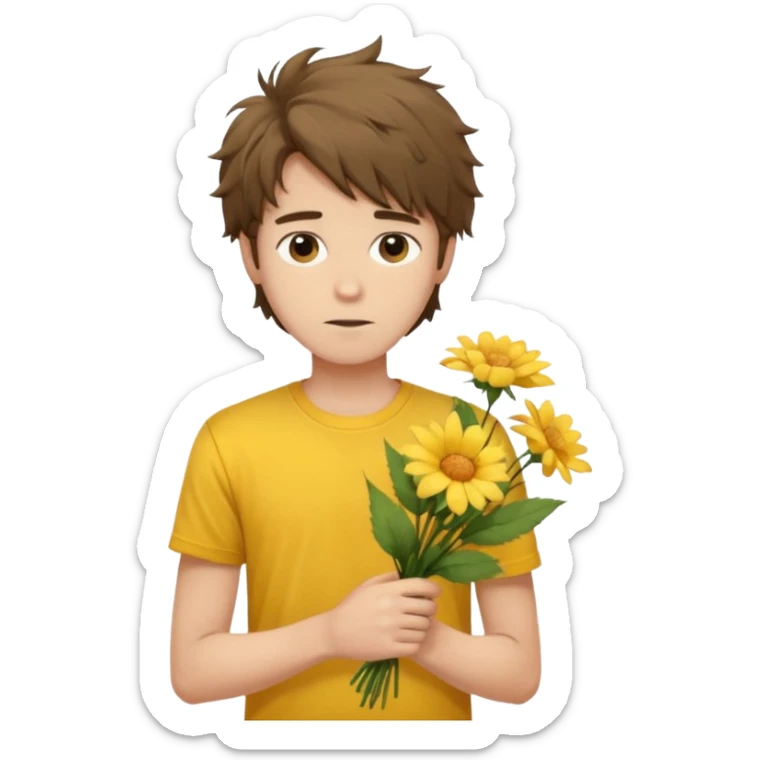 generate an ios genmoji of a 20 year old fair boy with brown long and messy hair with faint stubble. should look like he cant grow a mustache., carrying a flower bouquet, wearing a yellow tshirt, looking shy sticker
