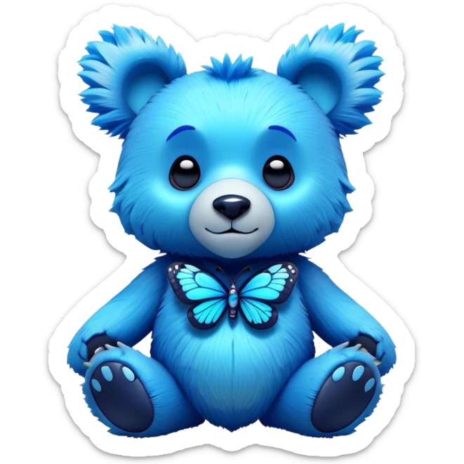 3D, adorable little Pixar style blue neon punk bear with a butterfly, ultra detailed, each lash, eye, and strand of fur is shown in stunning detail as though captured in a timeless photograph, rich textures, visually rich, so lifelike it feels like it could leap off the page at any moment sticker