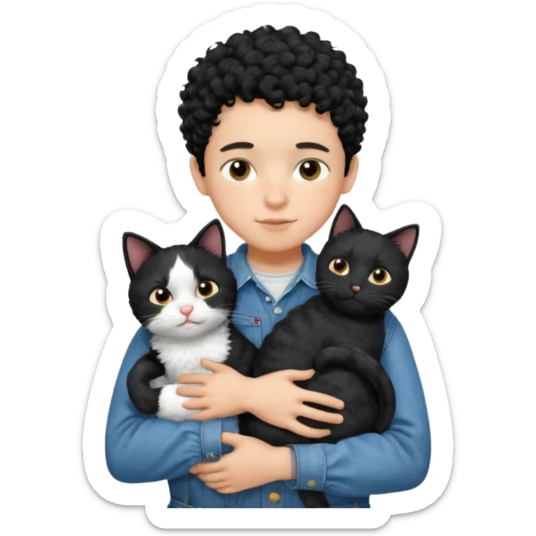Apple emoji of a 13-year-old boy with short black curly hair, light skin, dark brown eyes, wearing a denim shirt and overalls, hugging a black and white cat. sticker