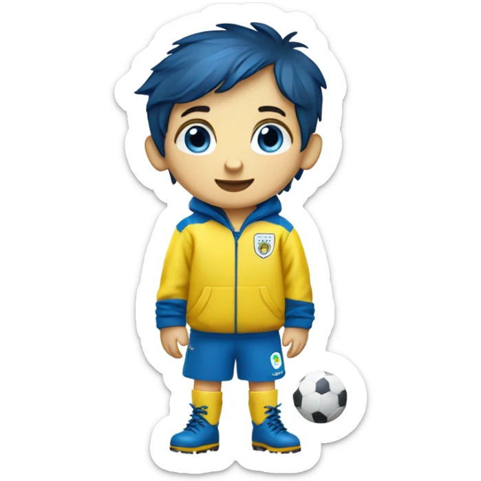 cute little boy with dark blue hair, yellow raincoat, blue muddy boots, blue eyes, white skin, umbrella, playing football, fifa world cup mascot sticker