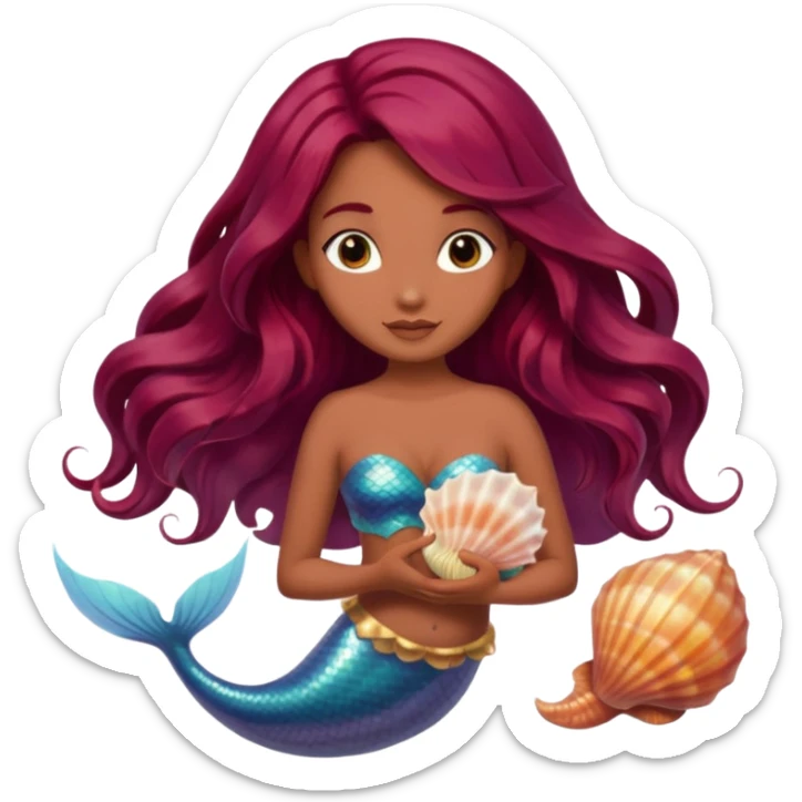 mermaid fairy hybrid, long flowy burgundy hair, medium brown skin, holding a seashell sticker