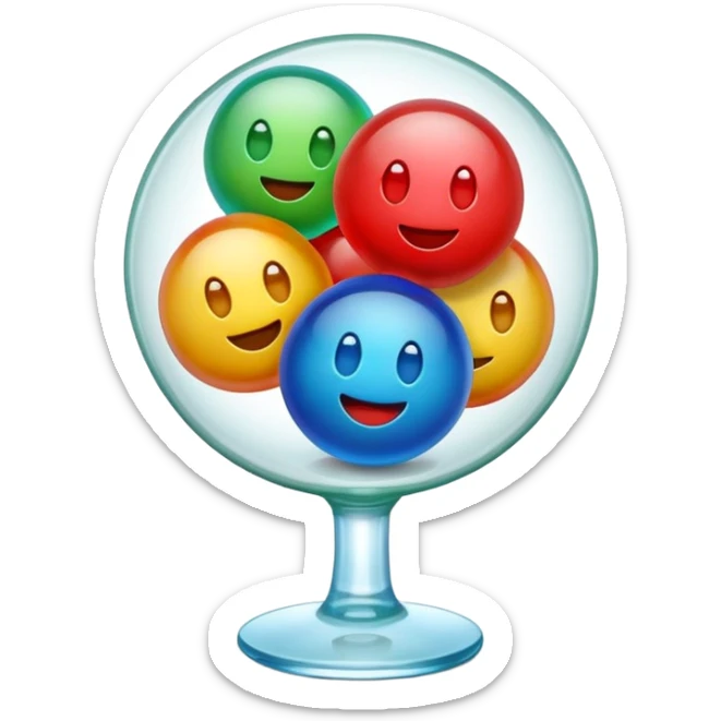 Cute 3D cartoon emoji style sticker of a 3 glass and ball game, glossy plastic texture, soft lighting, smooth shadows, playful expression, high detail, white outline sticker, transparent background (glass color green, red, & blue) sticker