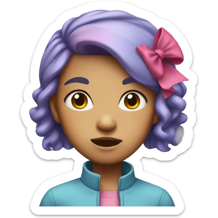 girl with bright pink hair and a blue headband with a bow. she has a slightly angry expression and a light blue jacket.  sticker
