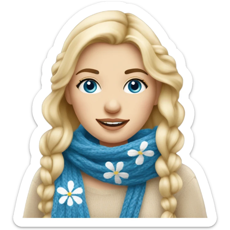 beautiful finnish blonde woman with blue eyes knitting scarf with flowers sticker