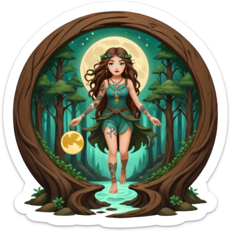 forest mystic woman long wavy brown hair tattoos stepping through small moon portal sticker