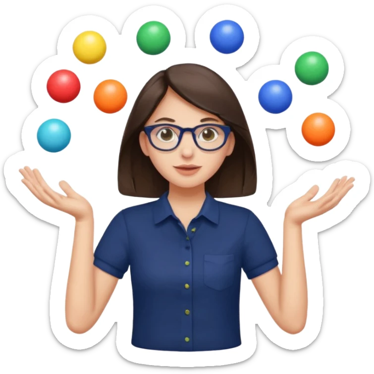 a brunette girl in a navy shirt wearing glasses is  juggling 5 multicolored balls with two hands  sticker