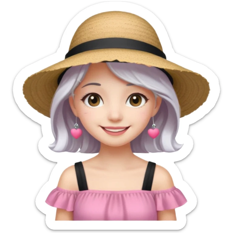 Girl in pink dress and sunhat smiling, black 2 string dress, white hair sticker