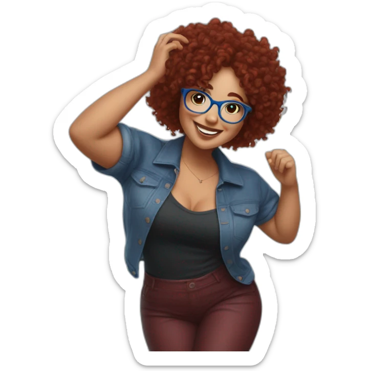 a-curvy-girl-with-dark-red-curly-hair-and-blue-glasses dancing with friends sticker