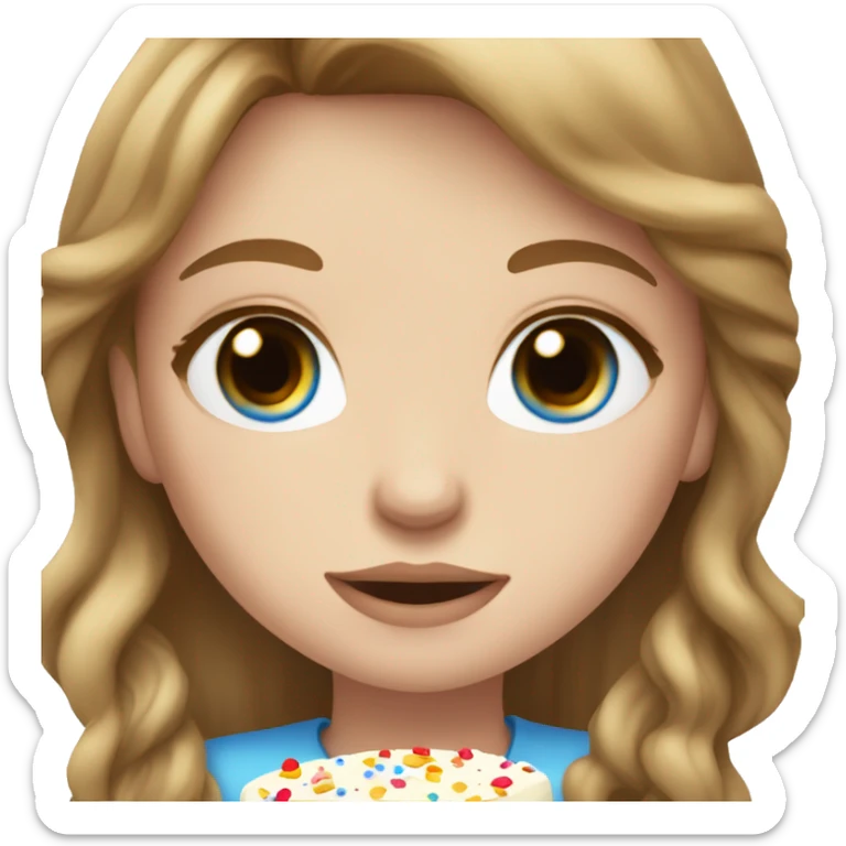 girl with brown hair with blond highlights and blue eyes eating cake long hair and pale skin with freckles  sticker