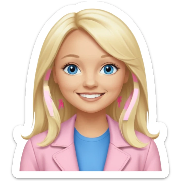Emma Bunton with blonde long hair, blue eyes, light pink outfit sticker