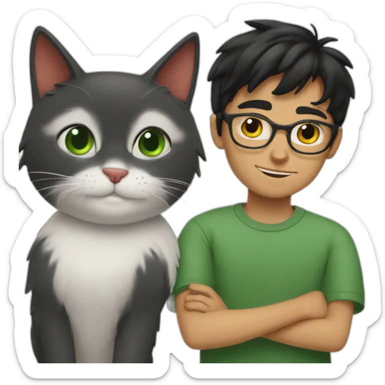 White boy with green eyes, black hair and with glasses hug red percian cat sticker
