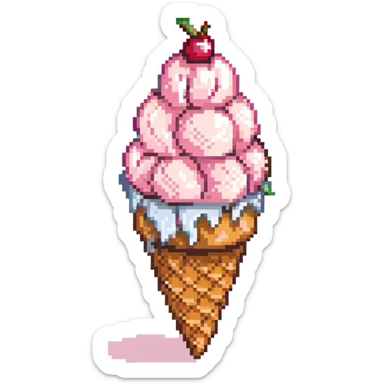 kawaii pixel art ice cream, pastel pink scoop, creamy swirl, cherry on top, light brown cone with diagonal waffle lines, 16x16 pixels, clean design, vivid outlines, subtle shadow under scoop, cute face with blush and small smile sticker