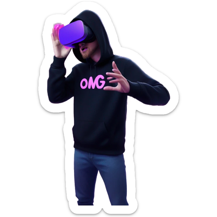 Russian man wearing a black hoodie with "OMG" letters on it and VR headset oculus quest 2 in a cyberpunk VR environment with violet neon lighting. Showing direction with hand sticker