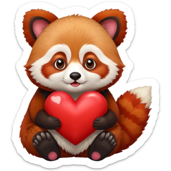 a red panda, holding a big red heart on his hands, giving a kiss sticker