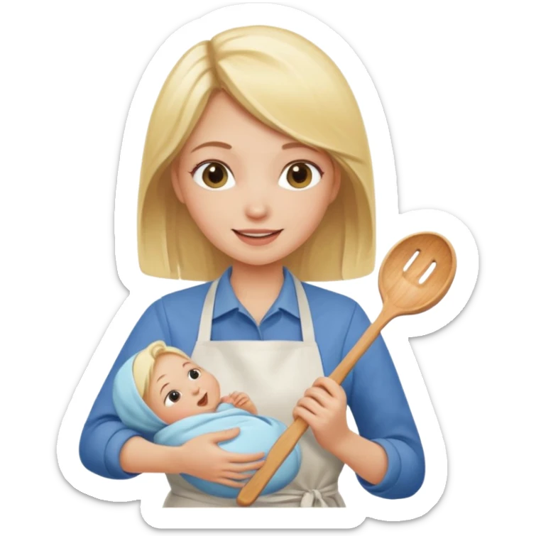 Blonde girl, cooking , cleaning and holding a baby sticker
