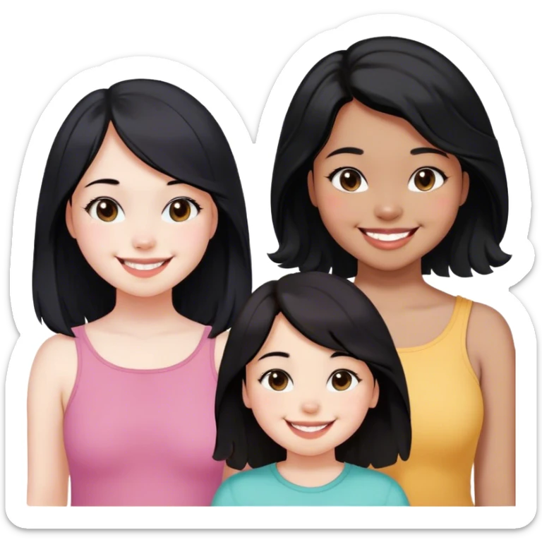 A girl with white skin color who is a chubby fat, has a great smile, straight but a little wavy shoulder length black hair and another slim and skinny girl with dark brown skin, cute smile, wavy shoulder length black hair and another girl little fair brown and white skin colour mix girl, shoulder length straight black hair, slim but a little chubby, gummy smile and glasses. sticker
