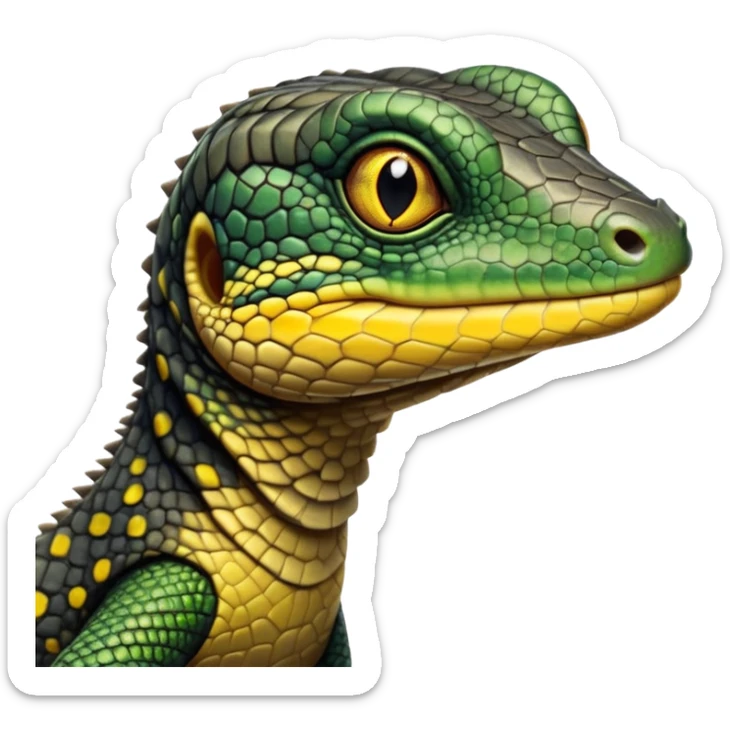 cinematic-realistic-cute-monitor-lizard-portrait-emoji,-head-tilted-playfully-and-inquisitively,-featuring-a-compact,-agile-body-with-finely-detailed,-glossy-scales-in-earthy-black and yellow-hues-and-a-distinct,-alert-face-with-bright,-curious-eyes, black , yellow spotted and green band  scales sticker