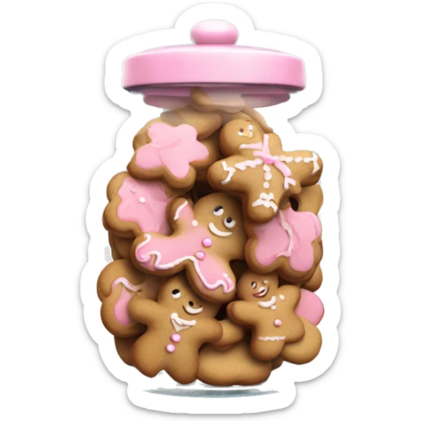 Realistic glass cookie jar with light pink lid full of gingerbread cookies isolated.  sticker