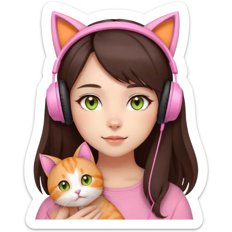 gamer girl with long dark brown hair, light skin, big brown eyes, cute, pink headset with cat ears, blushing softly and naturally, beautiful, holding orange cat with light yellow/green eyes sticker